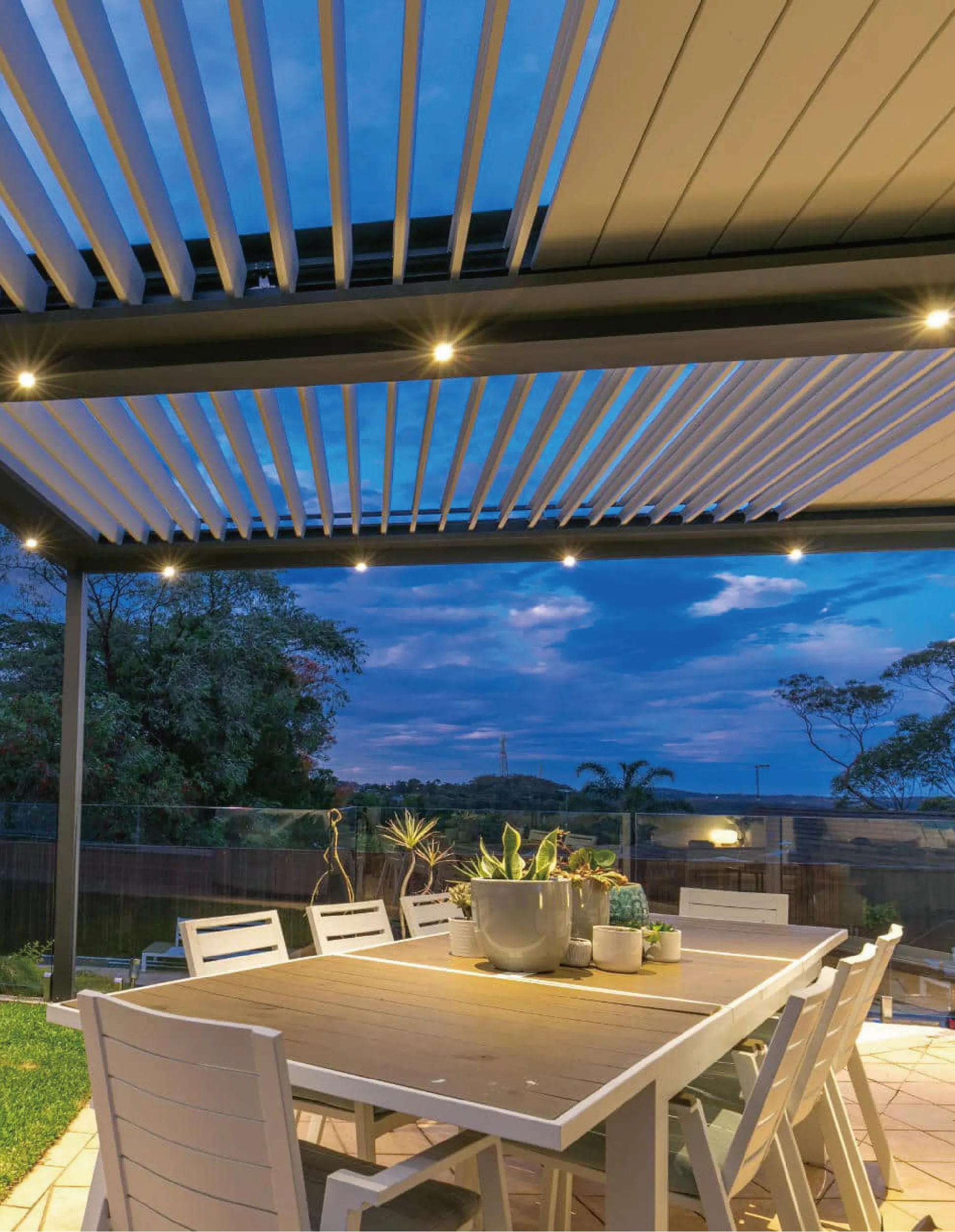 Modern pergola spotlights integrated as veranda spots, providing focused lighting for outdoor ambiance.