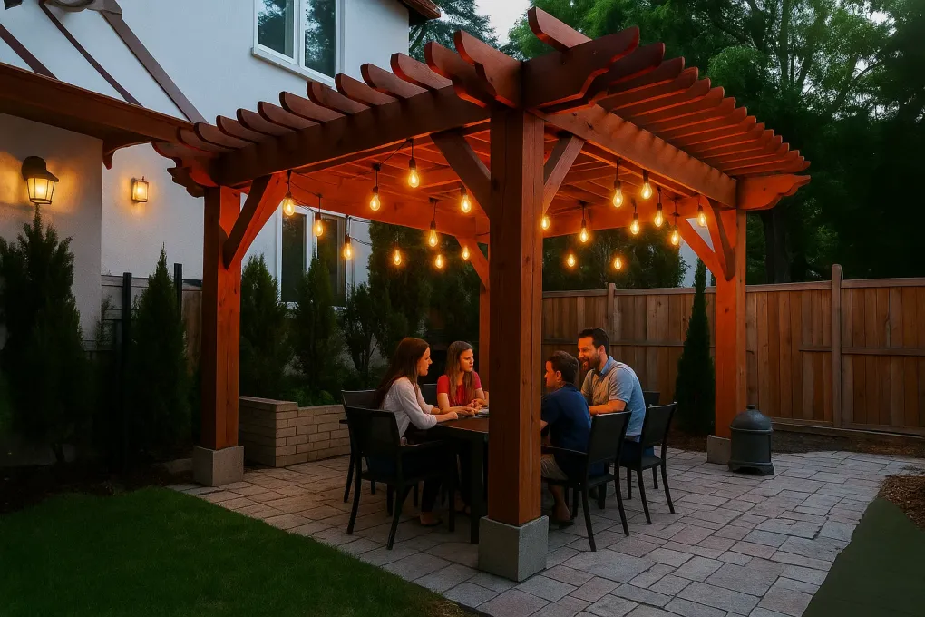 Warm white string lights with Edison bulbs crisscrossing above a cozy pergola, creating an inviting evening ambiance.