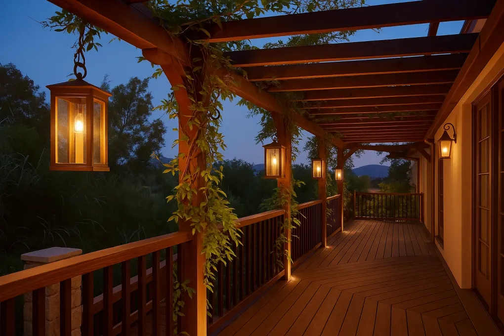 Elegant hanging lanterns suspended at varying heights under a pergola, casting a soft, charming glow for outdoor dining.
