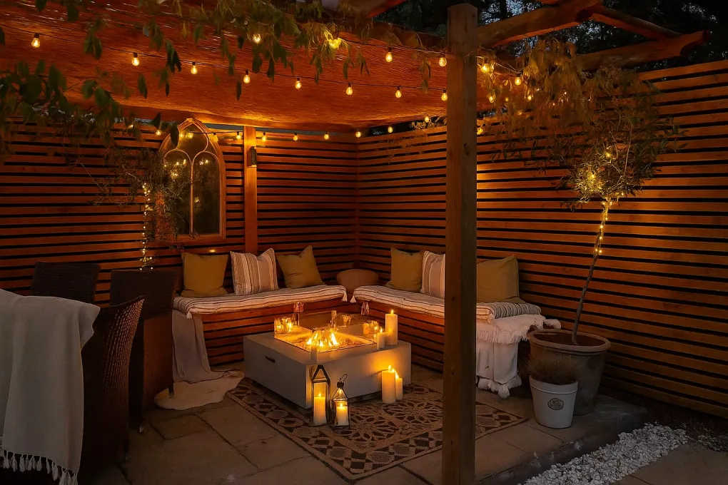 Flameless LED candles in outdoor wall sconces mounted on dark pergola posts, providing a safe, romantic, cozy glow.