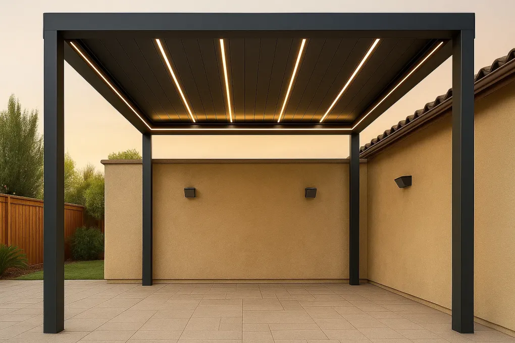 Sleek integrated LED strip lights concealed within modern pergola beams, emitting a uniform, soft white glow.