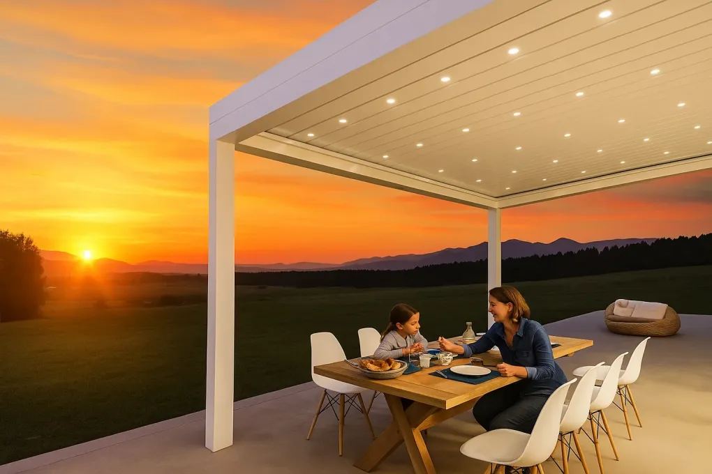 Discreet recessed spotlights embedded in a pergola roof, precisely illuminating an outdoor dining table.