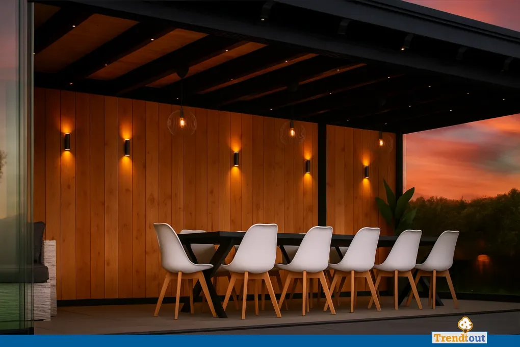 Modern outdoor wall sconces mounted on pergola pillars, casting elegant up-and-down illumination.