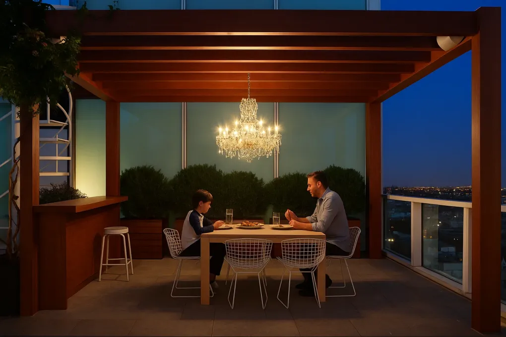 A weather-resistant outdoor chandelier hanging centrally from a pergola, serving as a grand focal point.