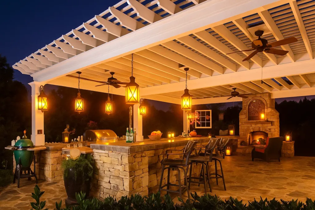 Industrial style pendant lights hanging over a pergola's outdoor bar area, defining a specific lighting zone.