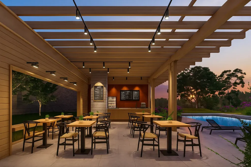 Compact track lighting system installed on a commercial pergola, with adjustable spotlights illuminating specific features.