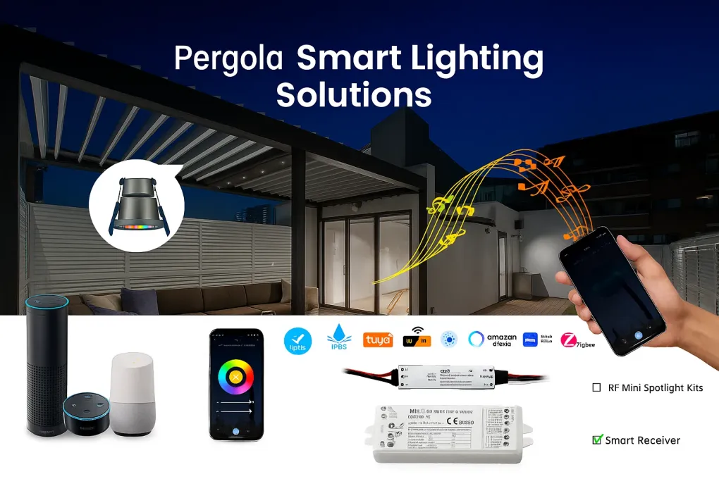 Smartphone screen displaying smart pergola lighting app controls, showing color and brightness adjustments.