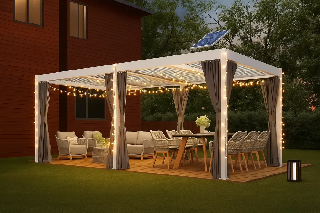 Solar-powered string lights and lanterns illuminating a pergola at night, showcasing an eco-friendly outdoor lighting solution.