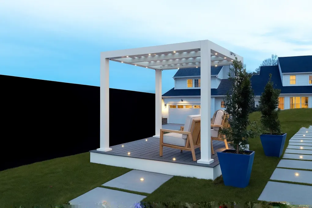 Subtle recessed LED deck lights integrated into outdoor wooden decking, providing safe low-level pathway illumination around a pergola.