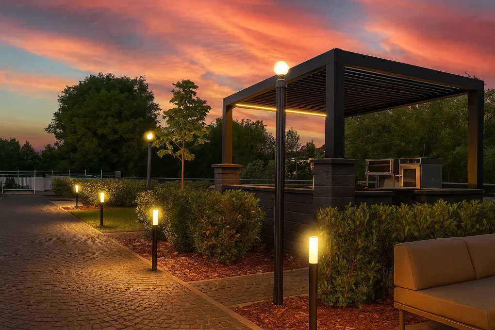 Sleek vertical garden LED bollard lights lining a pathway next to a pergola, enhancing landscape illumination.