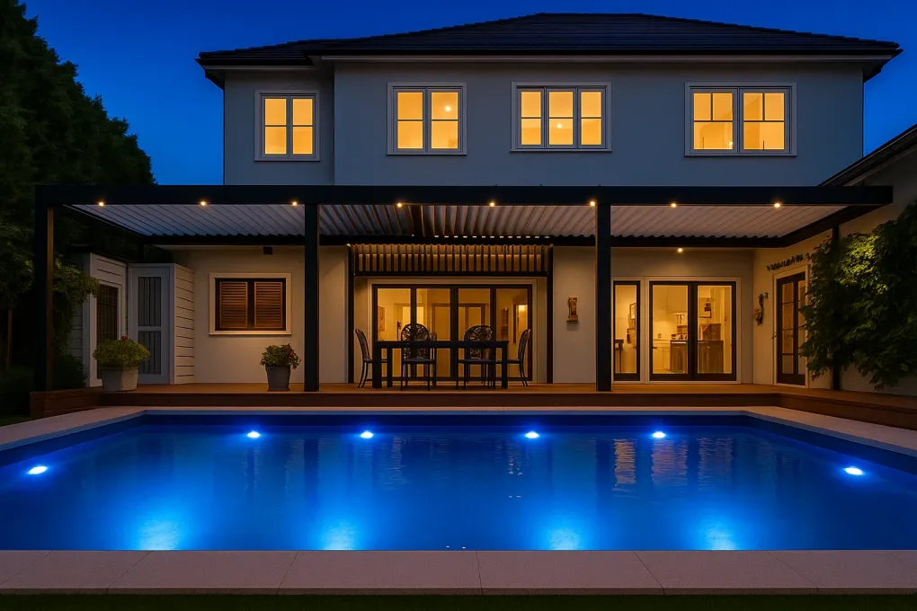 A luxurious pergola illuminated at dusk, with its lighting harmoniously integrated with enchanting poolside and underwater lights.