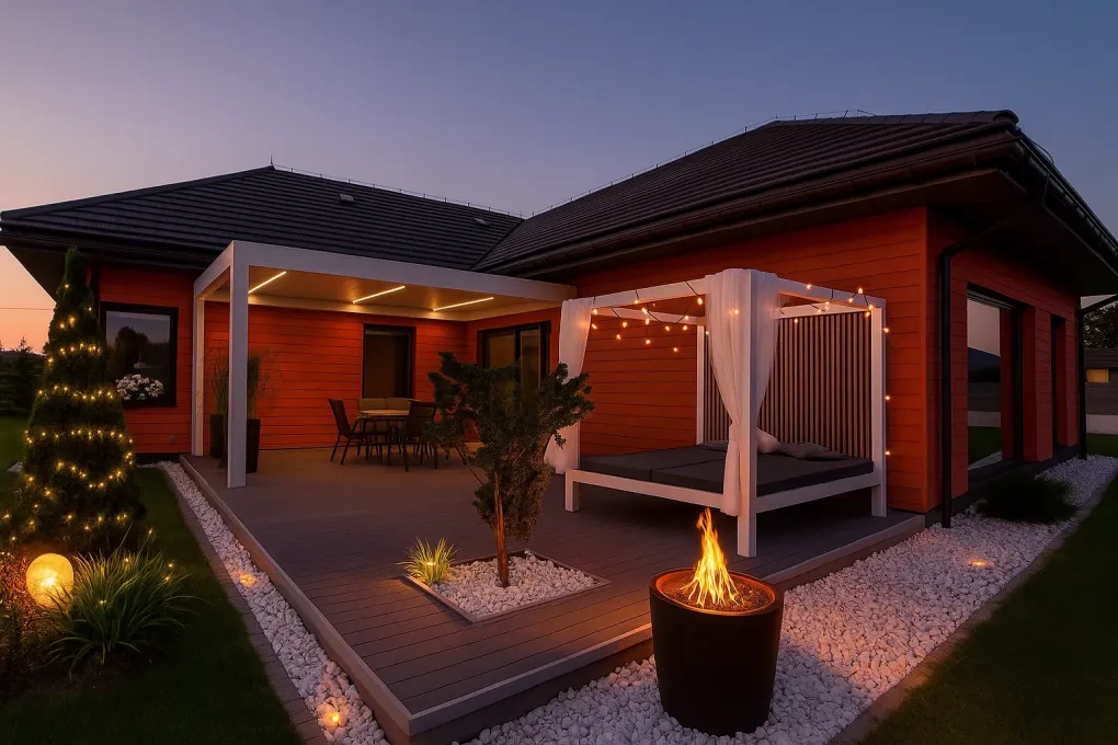 Light-up planters glowing softly around a pergola, with a captivating outdoor fire pit providing warmth and ambient light.