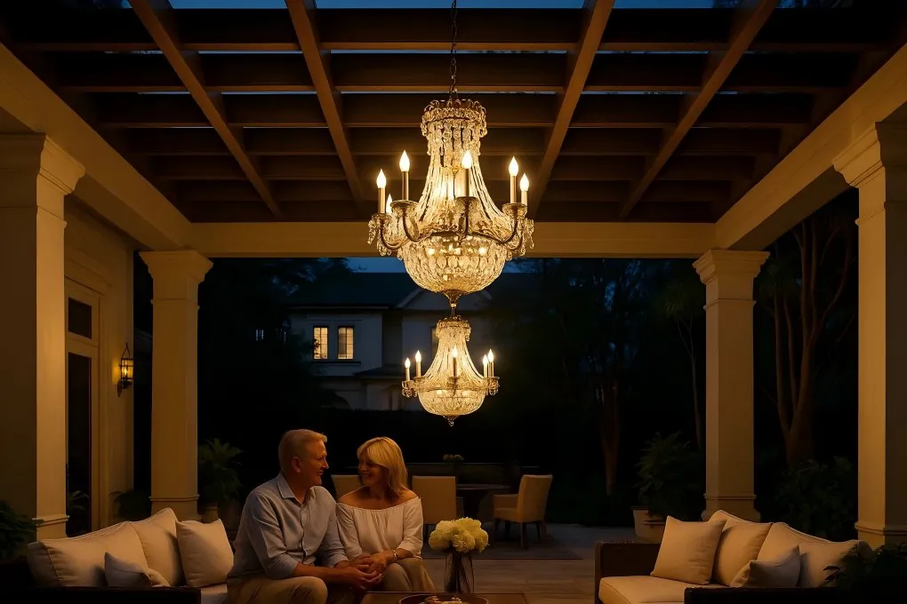 A large, ornate outdoor chandelier hanging majestically in the center of a pergola, adding a touch of luxury and sophistication.