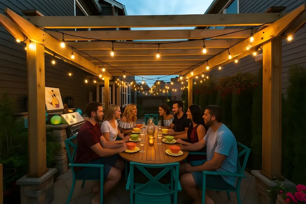 Warm white string lights crisscrossing over a pergola, creating a cozy and inviting outdoor dining atmosphere.