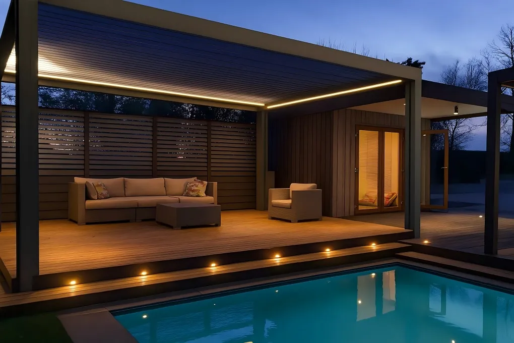 Modern pergola deck with recessed LED deck lights along the edges and steps, providing subtle illumination for safety and ambiance.