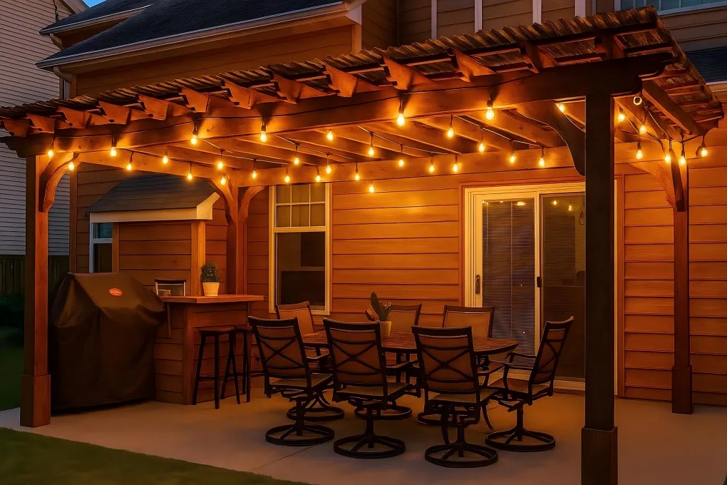 Pergola decorated with strands of Edison bulbs, their glowing filaments casting a warm, vintage amber light.