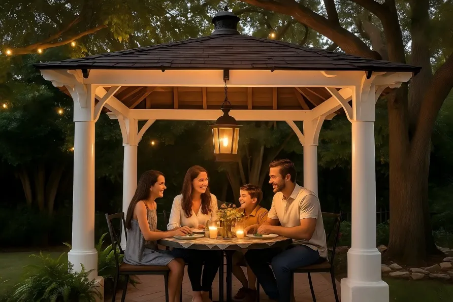 Outdoor pergola adorned with various rustic and elegant hanging lanterns at different heights, creating a charming ambiance.