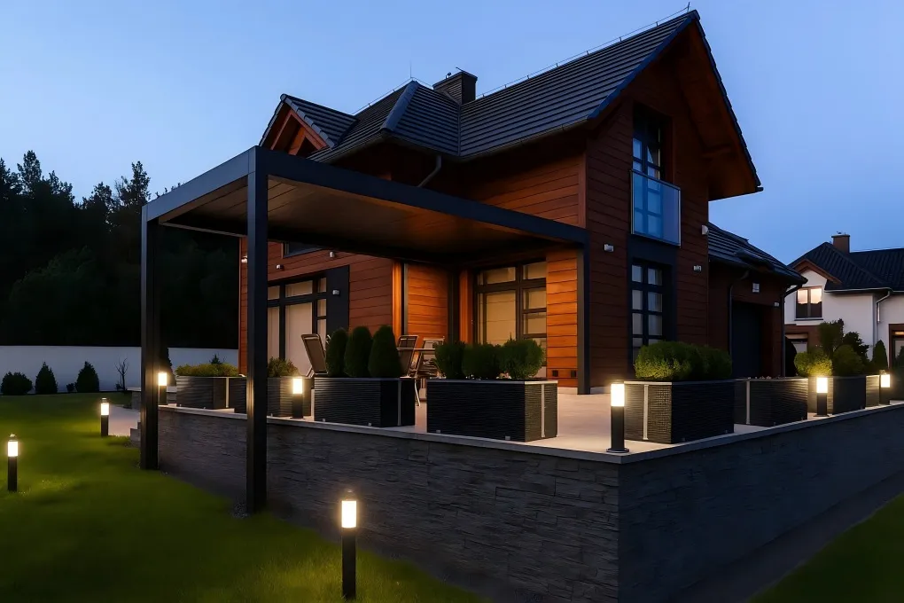 Modern LED bollard lights illuminating a garden path adjacent to a pergola, providing subtle guidance and enhancing the landscape.