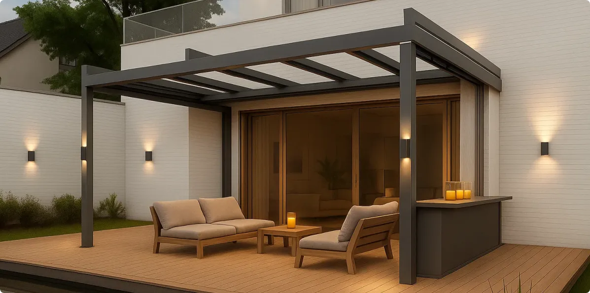 High-power dual-directional pillar sconces for side illumination on a modern pergola and adjacent exterior walls.