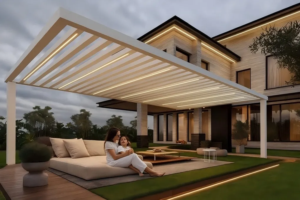 Pergola with seamlessly integrated LED lighting within its beams, creating a clean, modern, and high-end aesthetic.