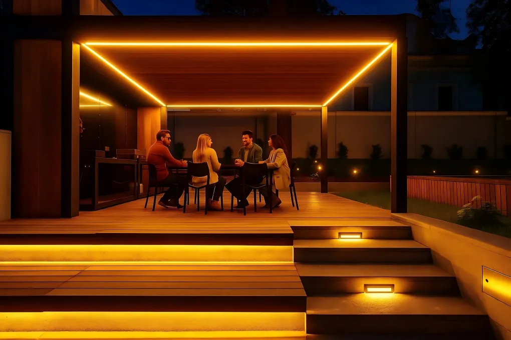 Modern pergola with concealed LED strip lights installed along beam undersides, emitting a uniform soft white glow.