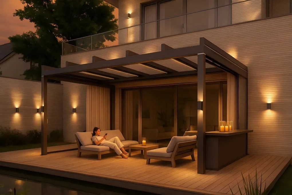 Outdoor wall sconce mounted on a pergola post, providing elegant up-and-down lighting for functional and decorative purposes.