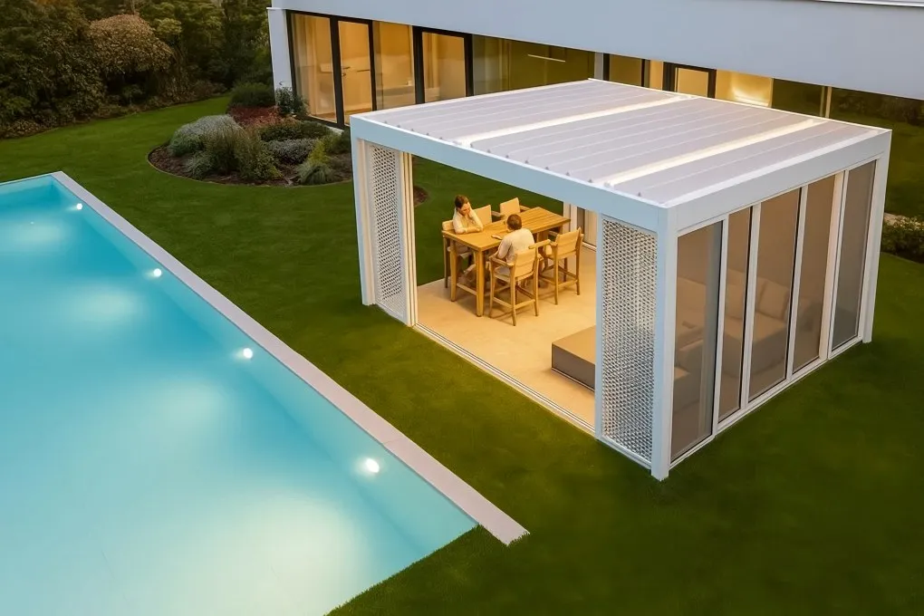 Pergola situated next to a swimming pool illuminated by enchanting underwater lighting, creating a harmonious and luxurious outdoor leisure area.