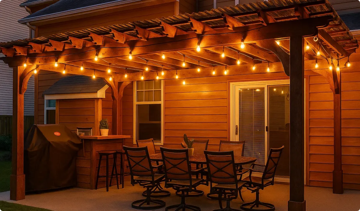 Rustic wooden pergola featuring 2200K warm S14 Edison string lights for a classic and artistic outdoor atmosphere.