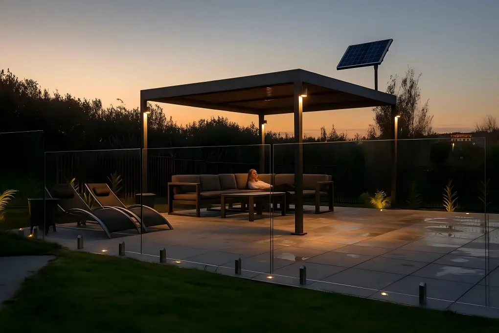 Pergola and surrounding patio illuminated by a mix of solar-powered string lights and lanterns, offering an eco-friendly glow.