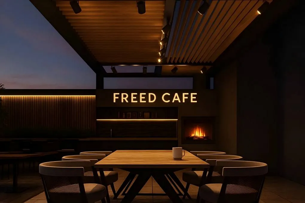Track lighting system installed on the beams of a commercial pergola, offering flexible and precise illumination for outdoor dining areas.