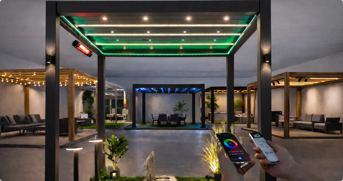 VLEDSTAR_expert_showroom_display_2026_latest_pergola_lighting_trends_and_high-quality_integrated_LED_kits_for_outdoor_spaces.