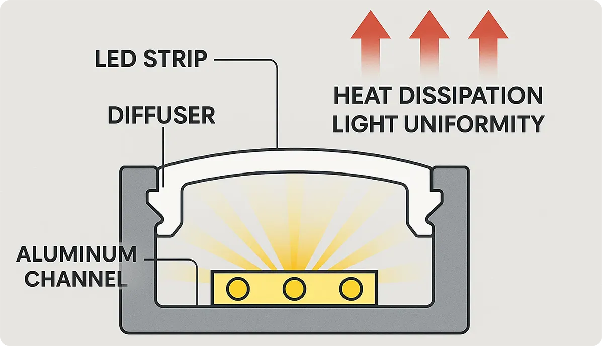 Cross-section diagram: LED strip housed inside an aluminum channel with diffuser for optimal heat control and protection.