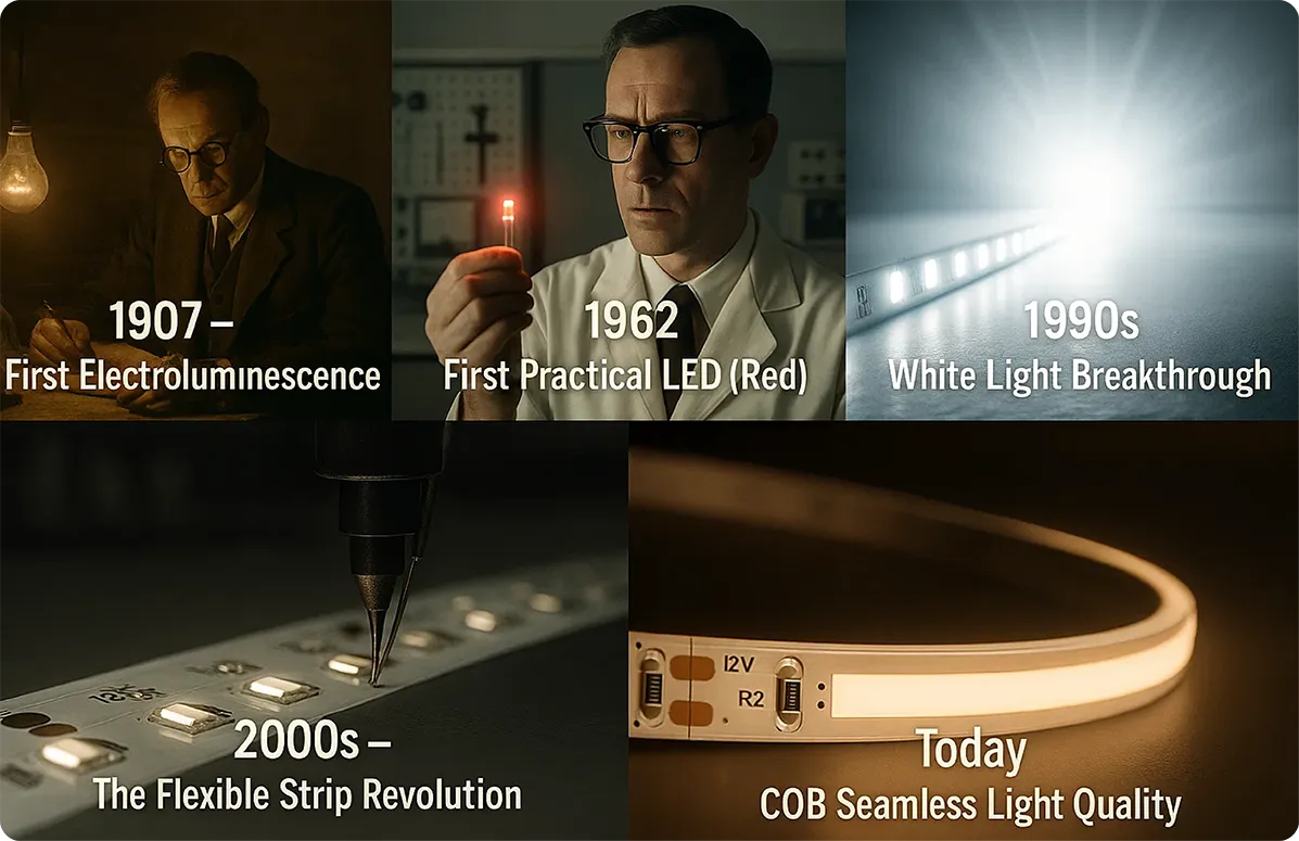 Infographic timeline of LED history: from the 1907 discovery of electroluminescence to the 2003 commercial LED strip.