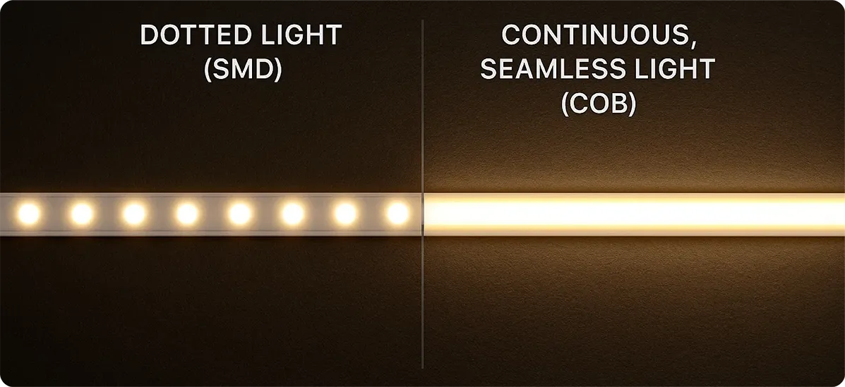 Photorealistic comparison: standard SMD strips showing visible light dots vs COB strips with a seamless, continuous glow.
