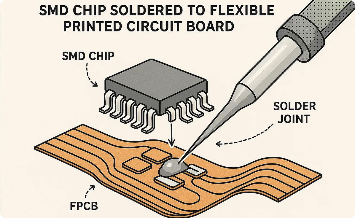 Technical diagram illustrating SMD LED chips soldered onto a flexible printed circuit board (FPCB) substrate.