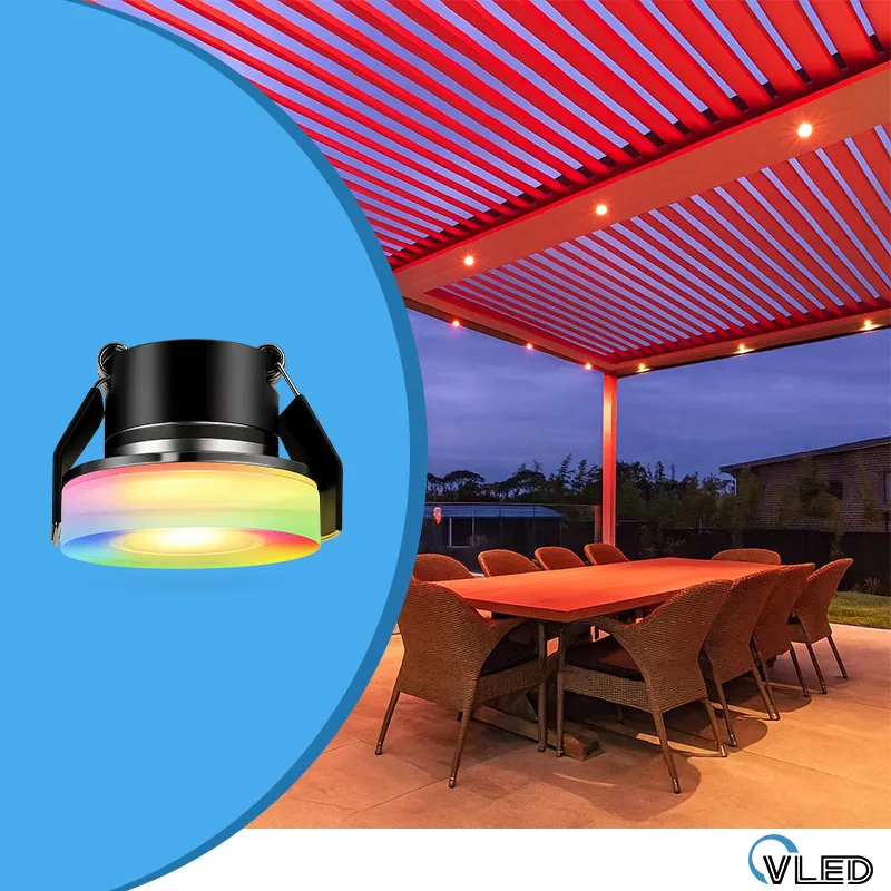 DRAGON RGB pergola downlight provides diffused color lighting for beautiful ambient ceiling effects.