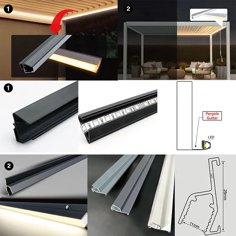 Retrofit AL profile strip kits for pergola, plug & play solution ideal for quick installation on outdoor structures.