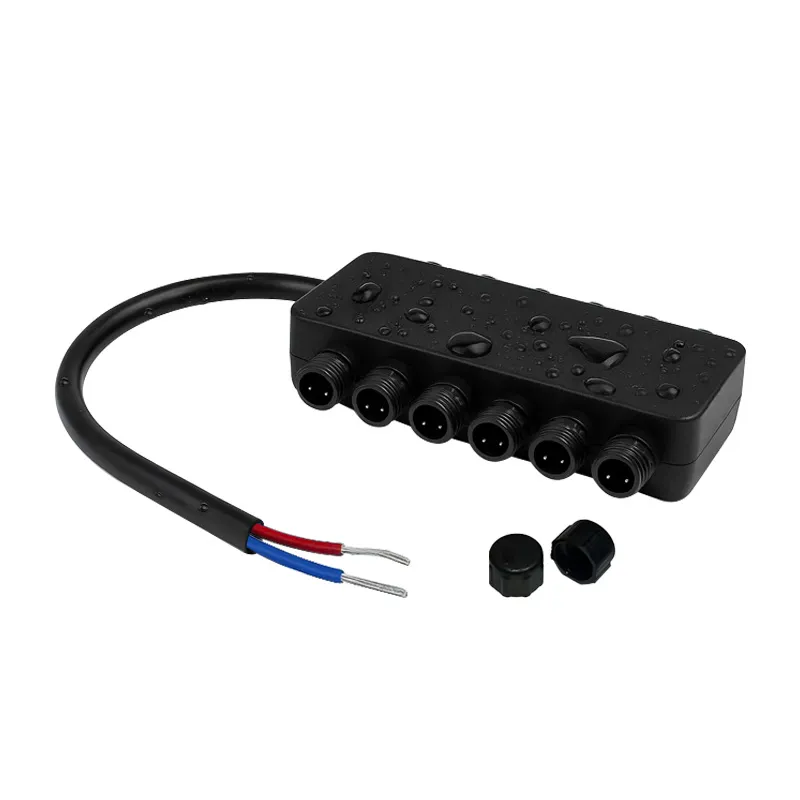 Waterproof 6-12 way splitter connector for organizing and simplifying pergola lighting cable runs and distribution.