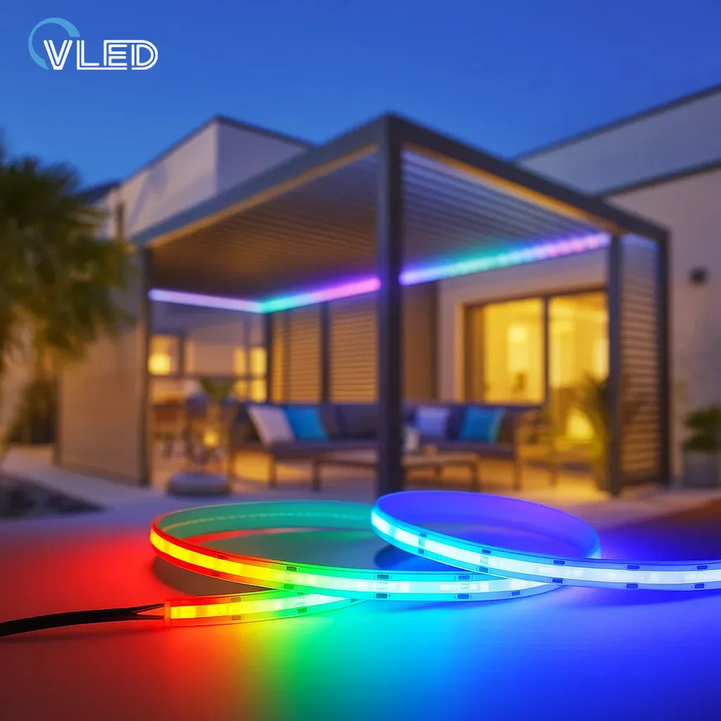 RGB COB LED strip lights for pergola provide vibrant color outlining and modern decorative lighting.
