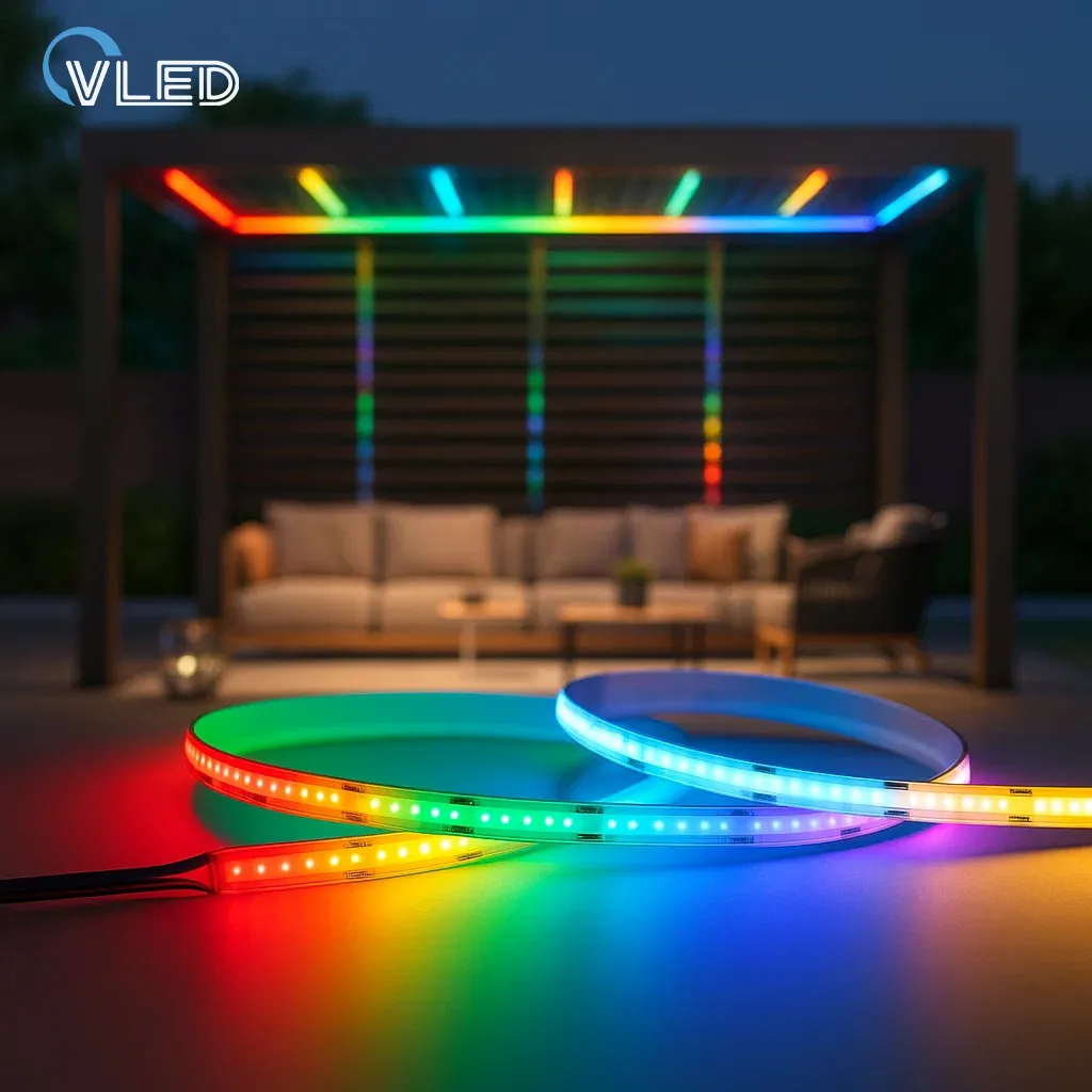 RGBW COB strip lights for premium pergola projects, combining true white and dynamic color effects.