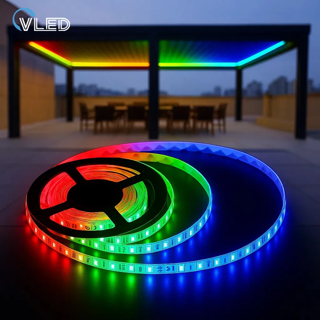 Reliable RGB SMD strip lights, perfectly suited for Smart Control and dynamic pergola entertainment scenes.