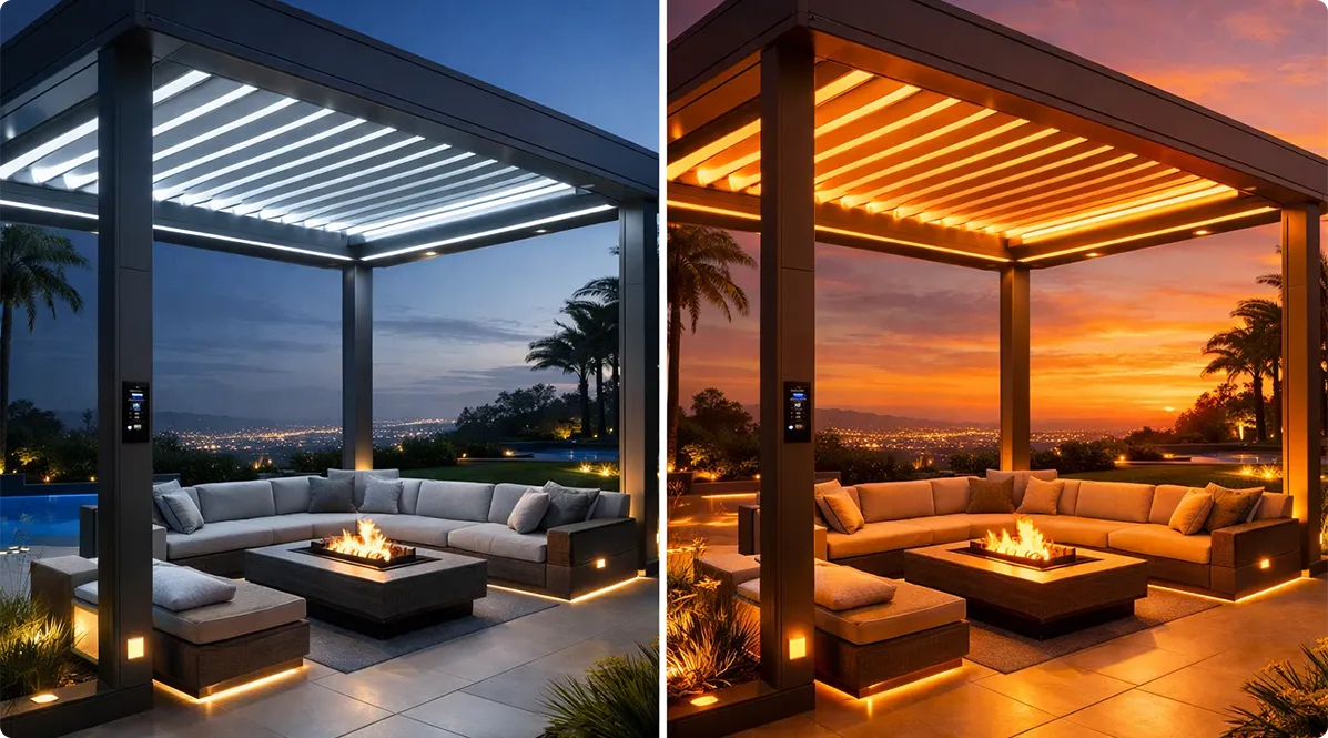 AI-driven smart pergola lighting shifting from cool white at dusk to sunset gold for relaxation