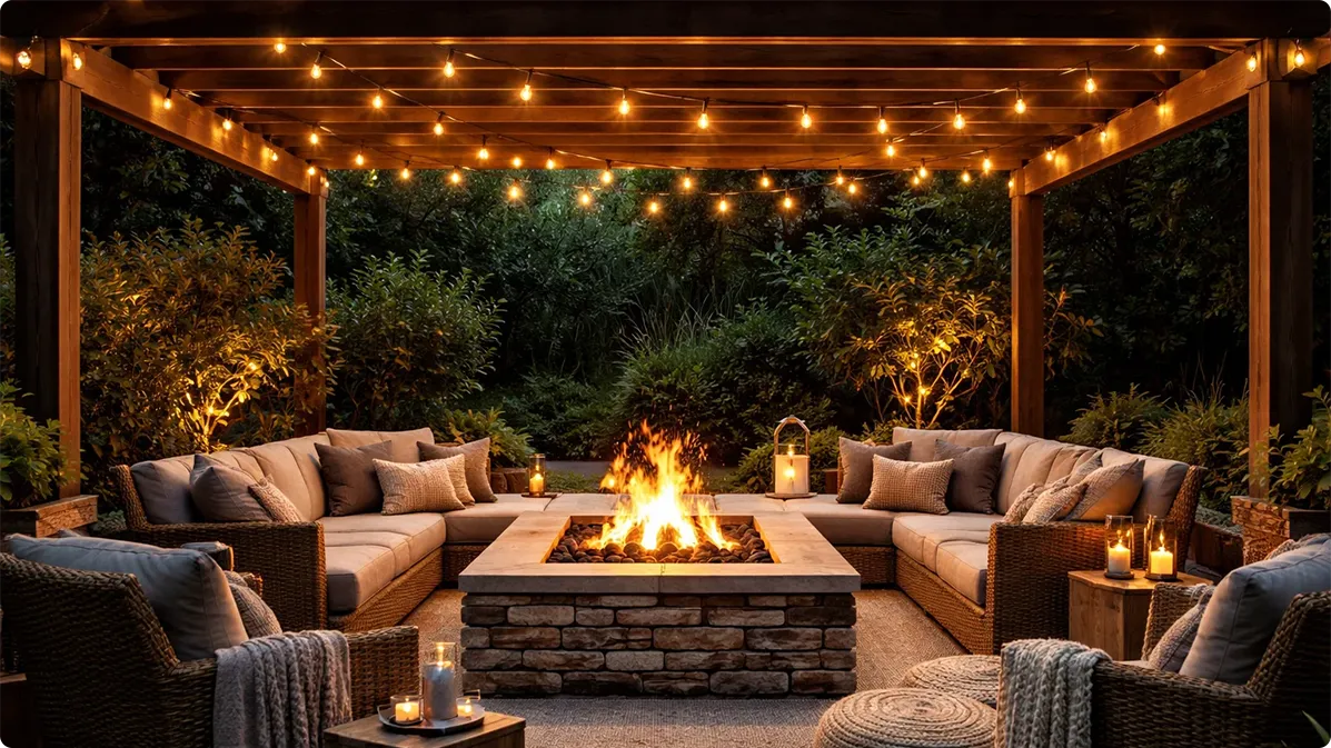 Cozy backyard seating with overhead string lights integrated around a modern outdoor stone fire pit