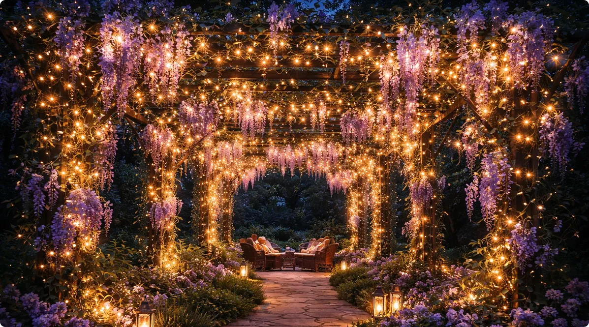 Fairy lights woven through climbing roses and vines on a pergola for a magical biophilic design
