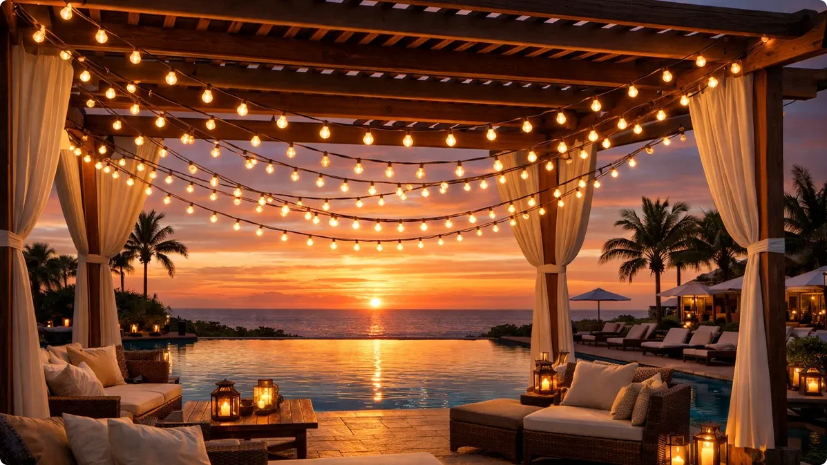 Large globe bulbs forming elegant swooping curves under a wooden pergola at nighttime for hosting