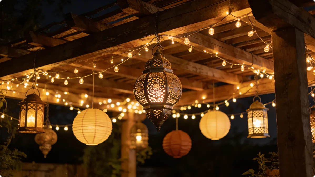 Layered pergola lighting design combining overhead string lights with hanging metal and paper lanterns