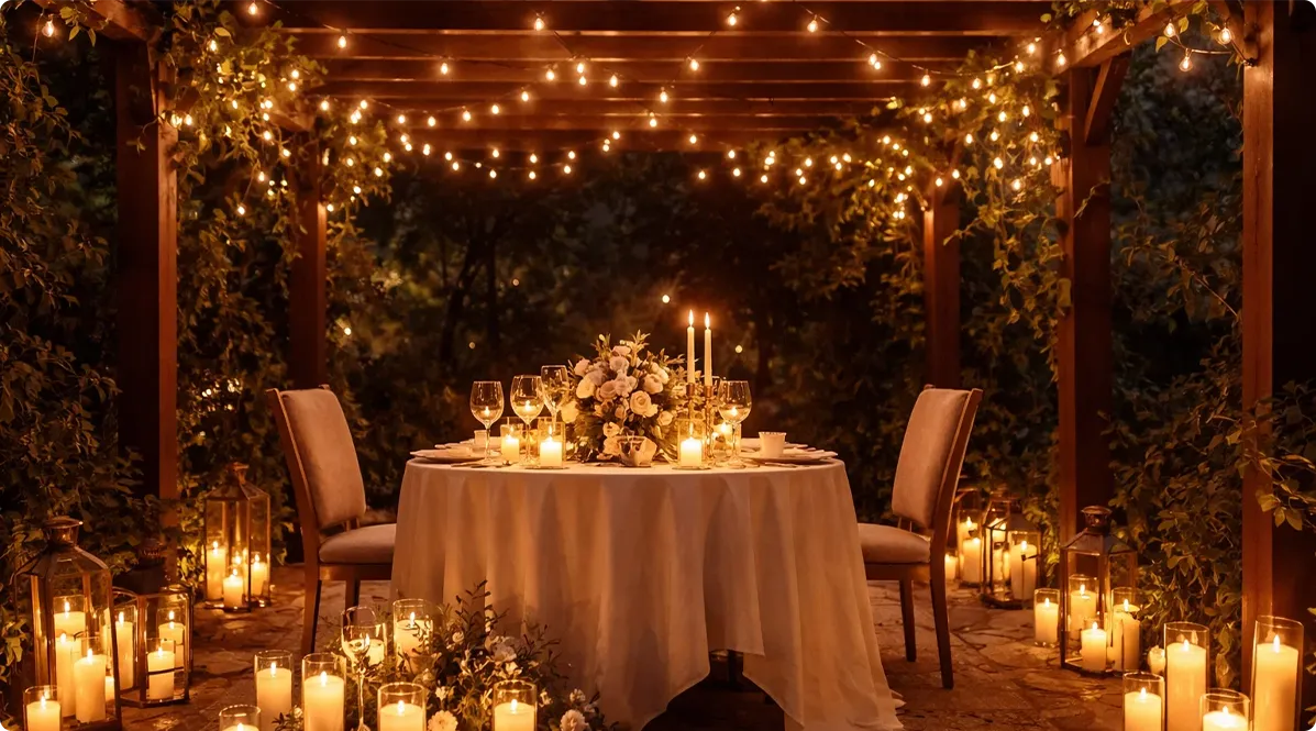 Layering overhead string lights with battery-powered LED candles for a romantic pergola dinner mood