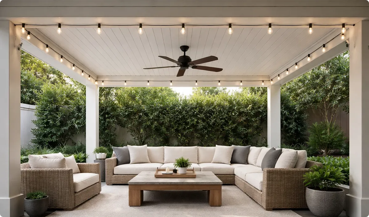 Outdoor string lights neatly installed under a covered patio pergola using flush-mount cable clips