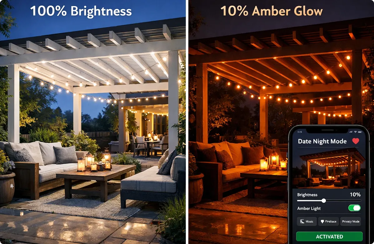 Smart dimmer control for pergola string lights compatible with Matter and voice-activated home tech