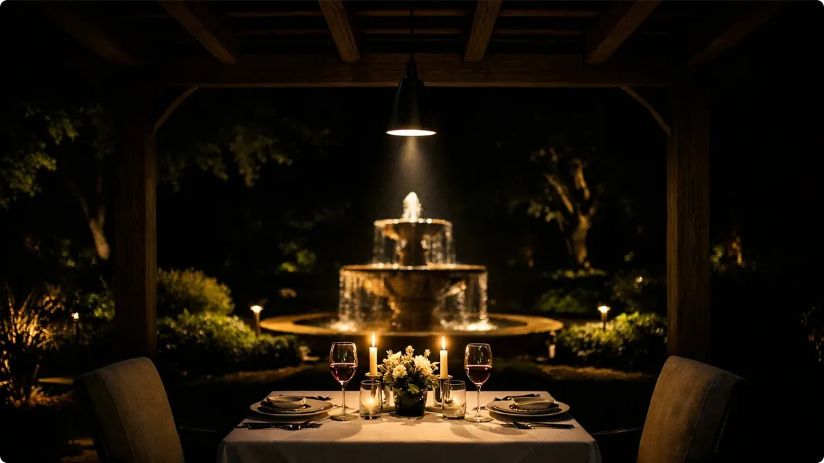 Spotlight lighting for pergola dining tables using narrow-beam pendants to highlight focal points